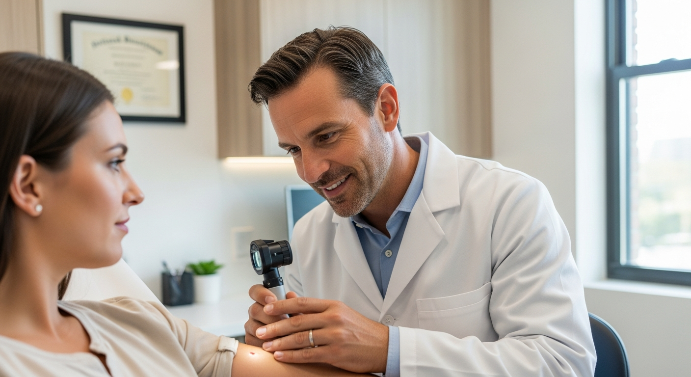 Médico dermatologista em consulta com paciente